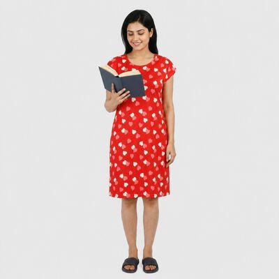 Women's Red Round Neck T-Shirt Style Nighty