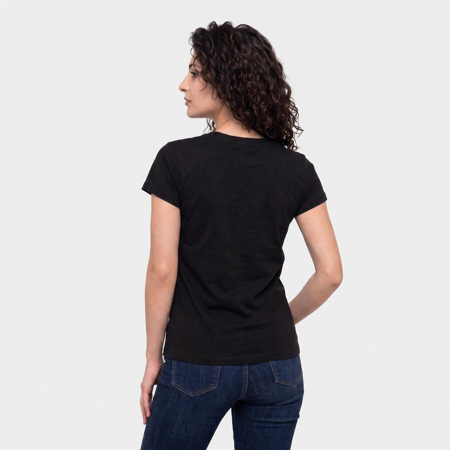 Women Black Round Neck Regular T-Shirt, Black, large