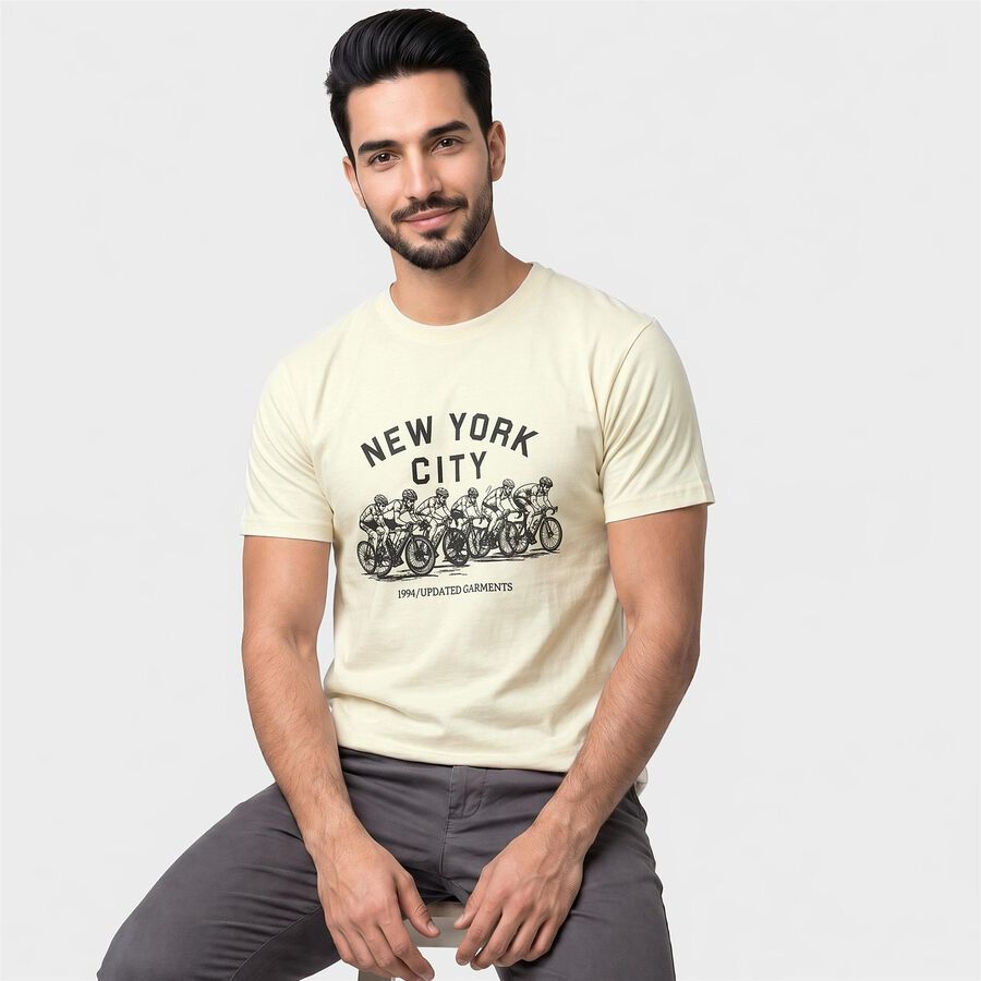 Men Beige Round Neck Regular T-Shirt, Beige, large