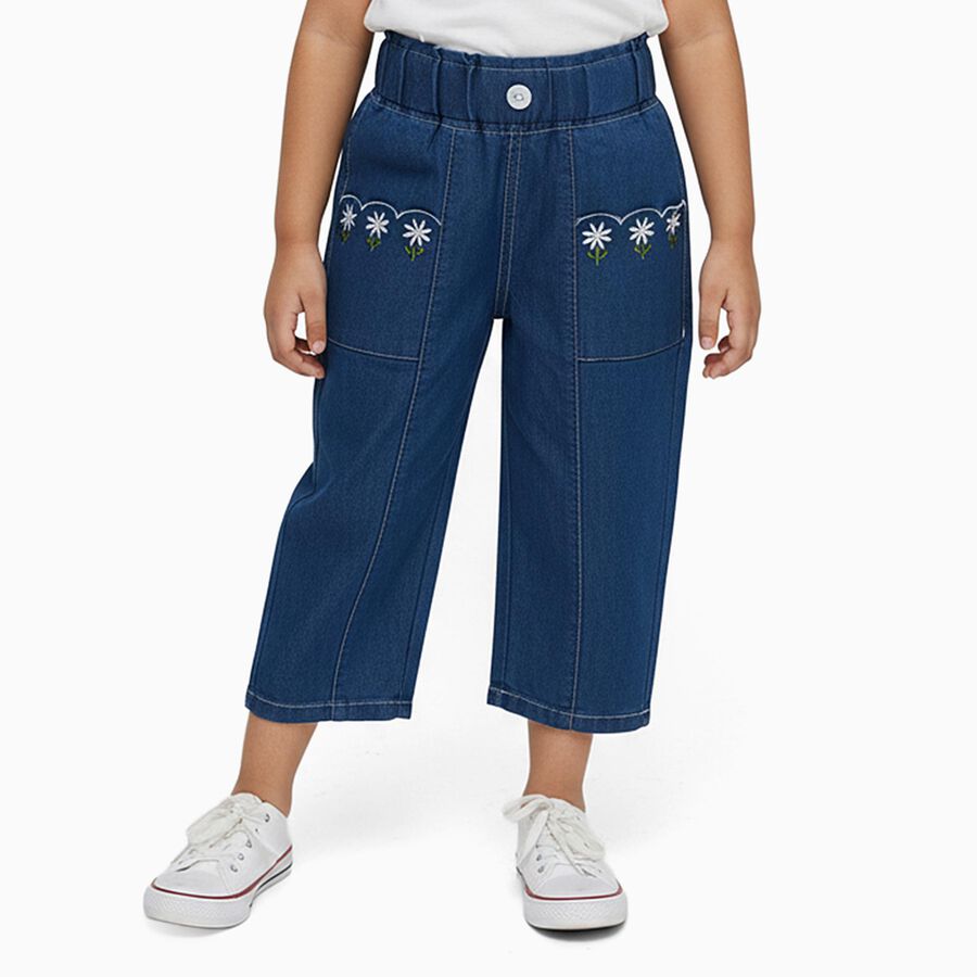 Girls' Deep Indigo Wide-Leg Embroidered Jeans, Mid Blue, large image number null