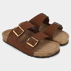 Men's Brown Double Buckle Slide Sandals, भूरा, small