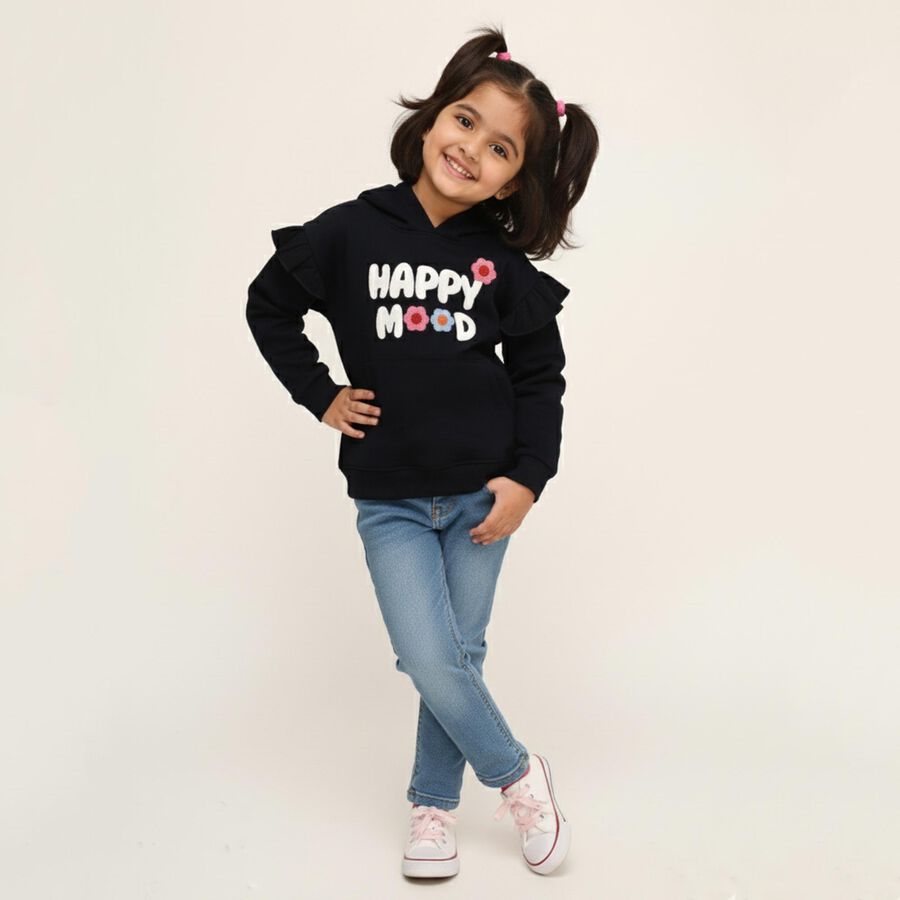 Girls Deep Midnight Navy Blue Hooded Neck Casual Sweatshirt, Navy Blue, large image number null