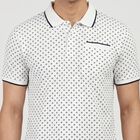 Men's White Cotton Polo Neck Geometric Polo T-Shirt, सफ़ेद, small