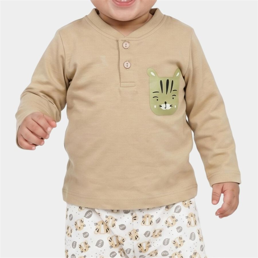 Infants' Beige 100% Cotton Henley Neck Graphic Print Baba Suit, गहरा पीला, large