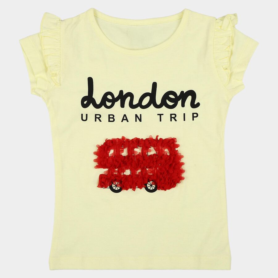 Girls Yellow Cotton Round Neck Casual T-Shirt, Yellow, large