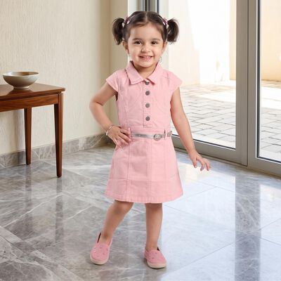 Girls Pink A-Line Solid Shirt Style Frock