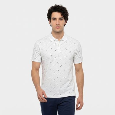 Men's White Cotton Polo Neck Geometric Polo T-Shirt