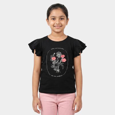 Girls Black Cotton Round Neck Regular T-Shirt