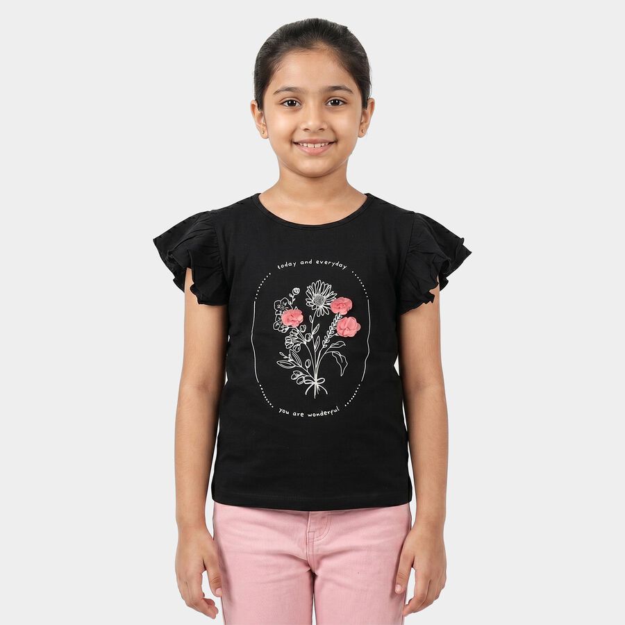 Girls Black Cotton Round Neck Regular T-Shirt, Black, large