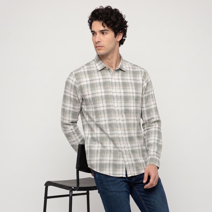 Men's Green Cotton Long Sleeves Spread Collar Shirt, हल्का हरा, large