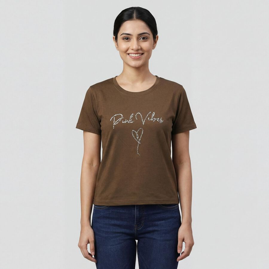 Women's Olive Round Neck Minimalist T-Shirt, ओलिव, large