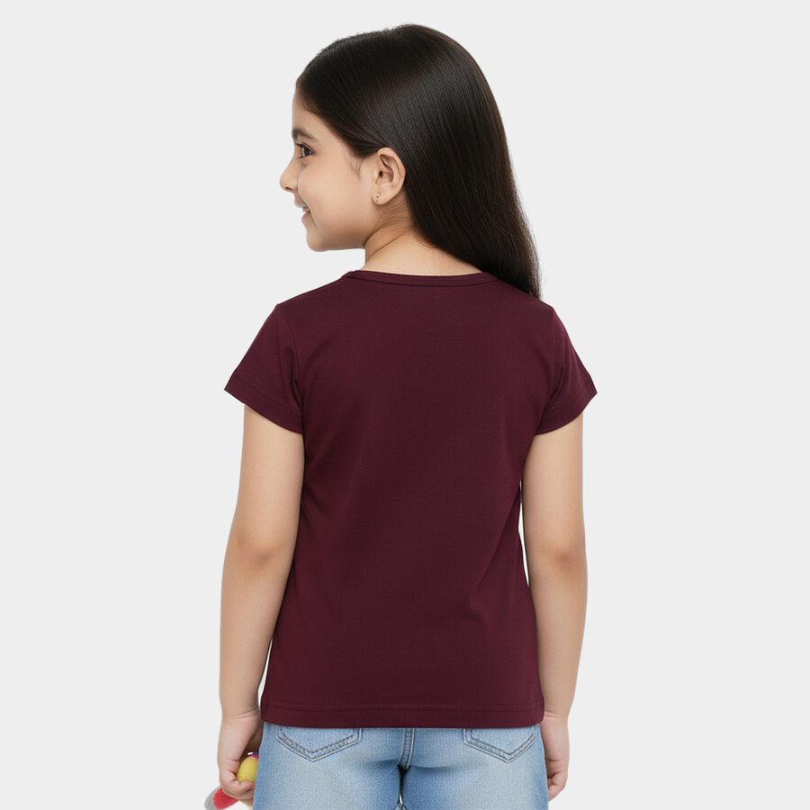 Girls Wine Cotton Blend Round Neck Casual T-Shirt, Wine, large