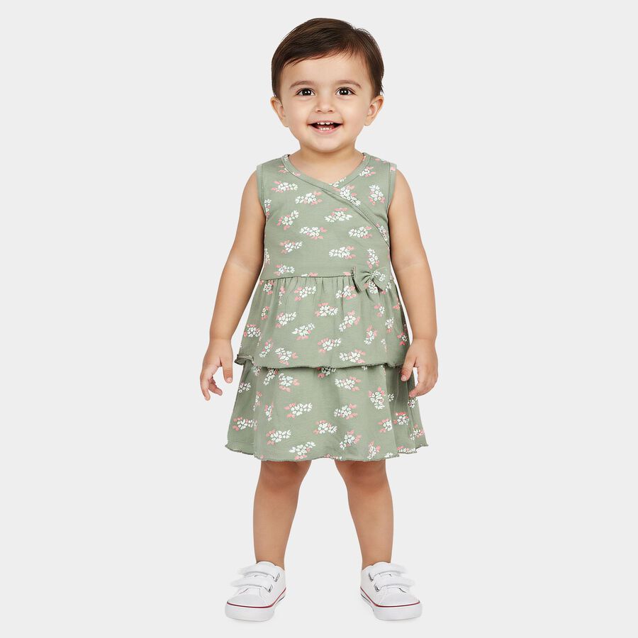 Infants' Green Tiered Floral Printed Frock, हल्का हरा, large