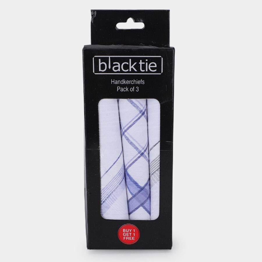 Men's White Patterned Pack of 3 Handkerchief, मध्यम नीला, large