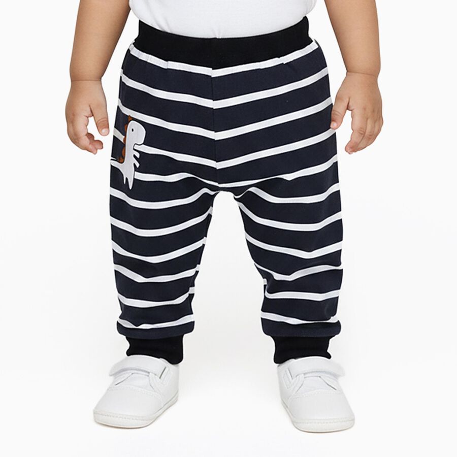 Infants Navy Blue Striped Cotton Dinosaur Print Pyjama, नेवी ब्लू, large image number null