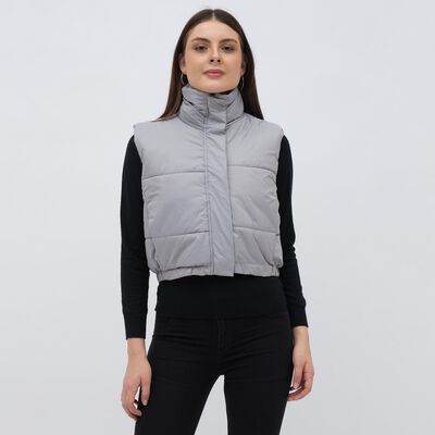 Women's Light Grey High Neck Sleeveless Puffer Jacket