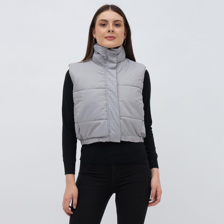 Women's Light Grey High Neck Sleeveless Puffer Jacket, Light Grey, large image number null