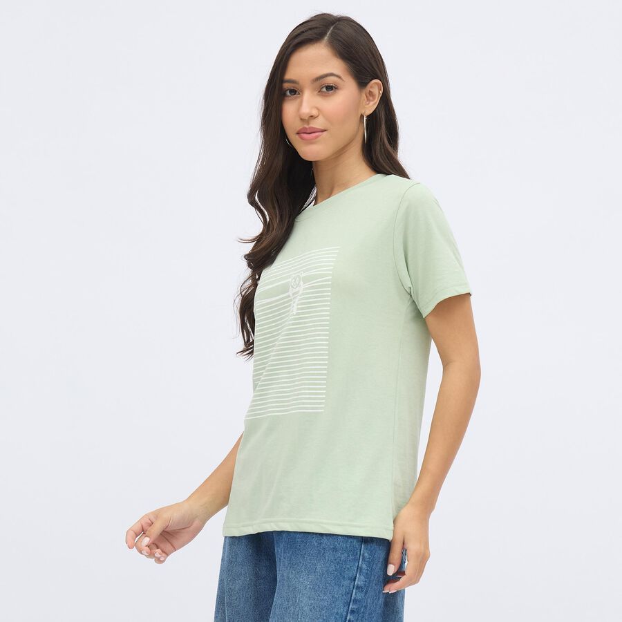 Women's Light Sage Green Round Neck Casual T-Shirt, Light Green, large