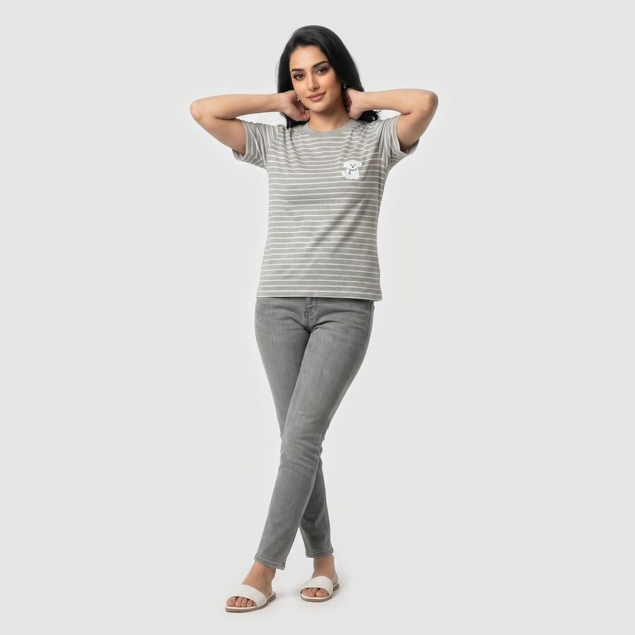 Women's Grey Round Neck Regular T-Shirt, Melange Light Grey, large