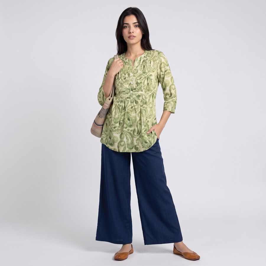 Women's Sage Green Mandarin Collar Printed Flared Kurti, हल्का हरा, large
