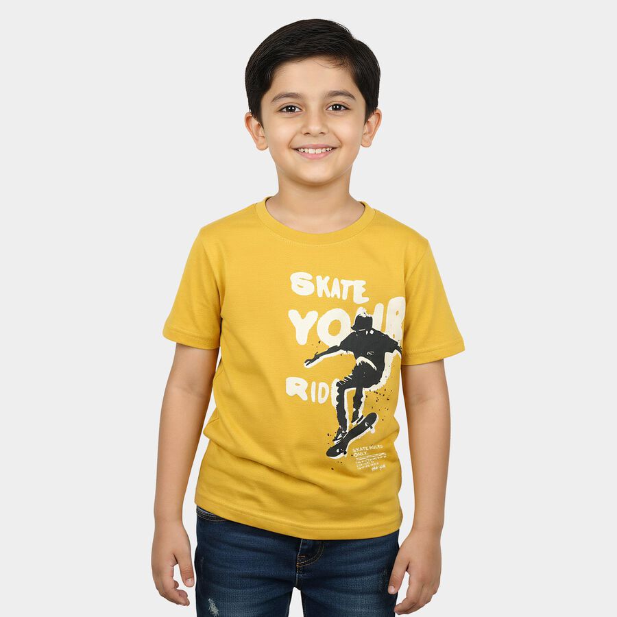 Boys Mustard Crew Neck Regular Boys T-Shirt, मस्टर्ड, large