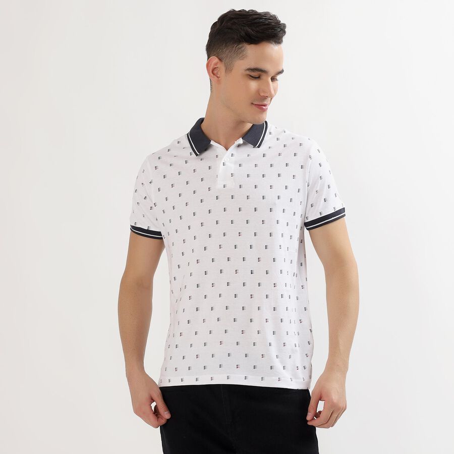 Men's White Cotton Polo Neck Printed T-Shirt, Navy Blue, large image number null