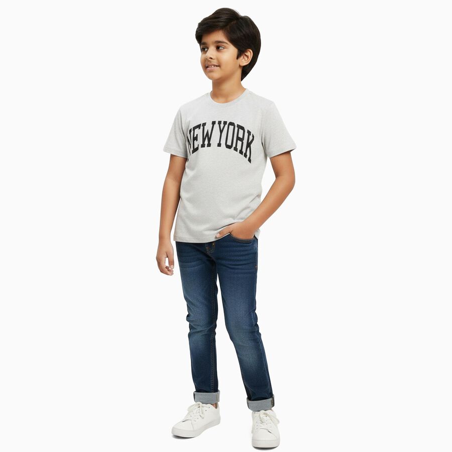 Boys Light Grey Crew Neck Casual Half Sleeve T-Shirt, Ecru Melange, large image number null