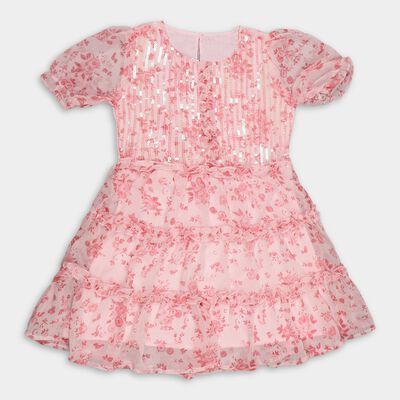 Girls' Soft Pink Round Neck Romantic Dress