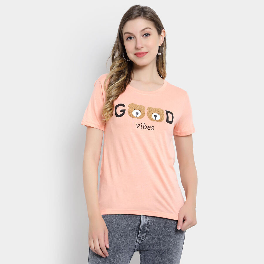 Embellished Round Neck T-Shirt, Peach, large image number null