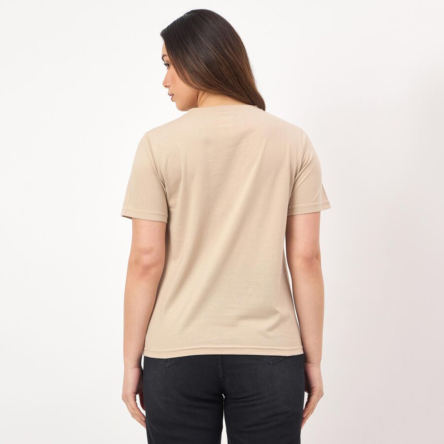 Women's Beige Round Neck Minimalist T-Shirt, Beige, large