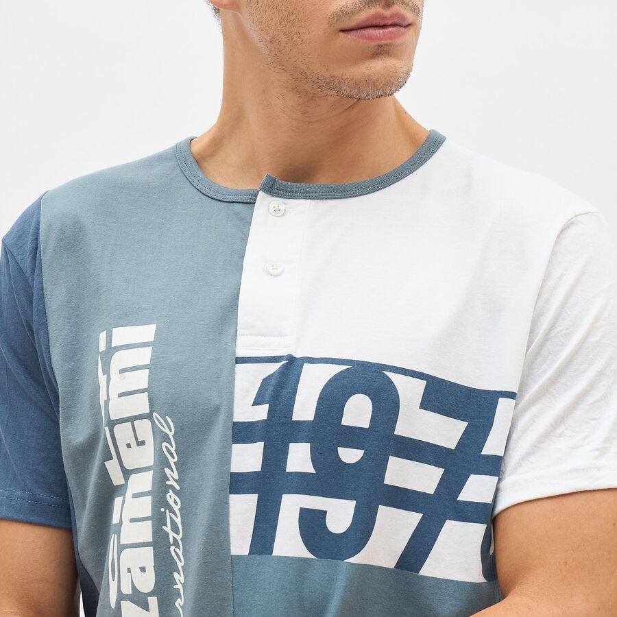 Men's Light Blue Henley Neck Printed T-Shirt, Light Blue, large image number null