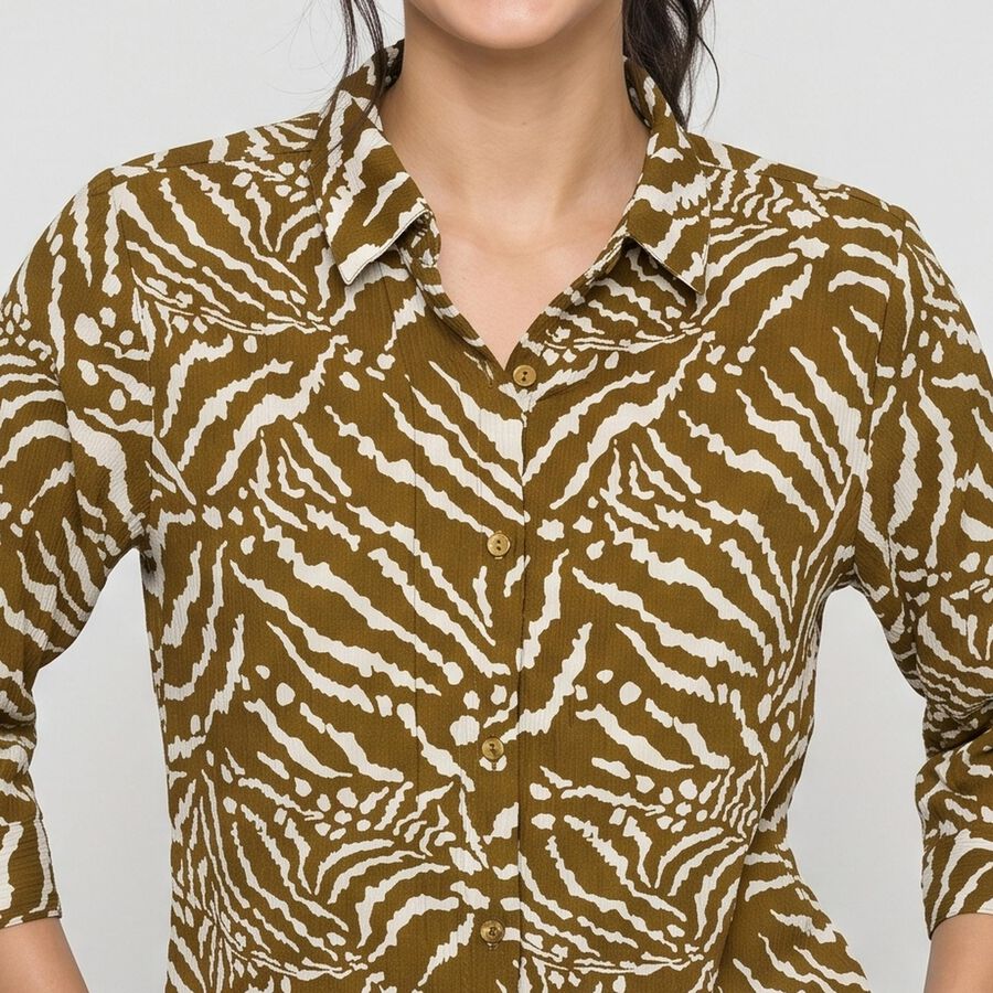 Women's Olive Green Printed Collar Regular Fit Shirt, ओलिव, large