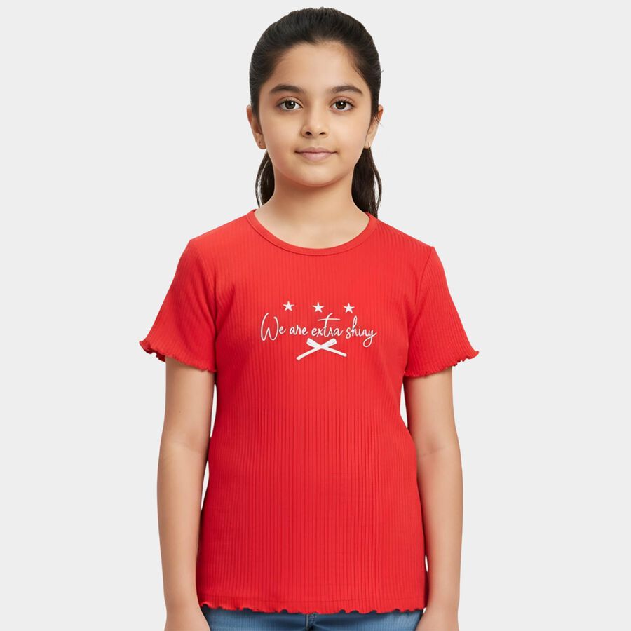 Girls' Fuchsia Cotton Blend Crew Neck Graphic T-Shirt, रानी (फ्यूशिया), large
