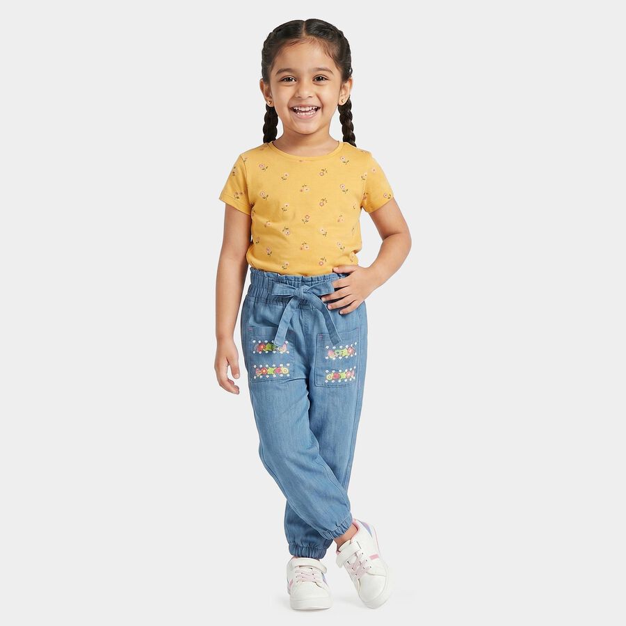 Girls Light Blue Jogger Fit Embroidered Jeans, Mid Blue, large