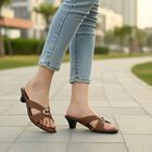Women's Brown Slip-On Buckle Detail Heeled Sandals, Brown, small