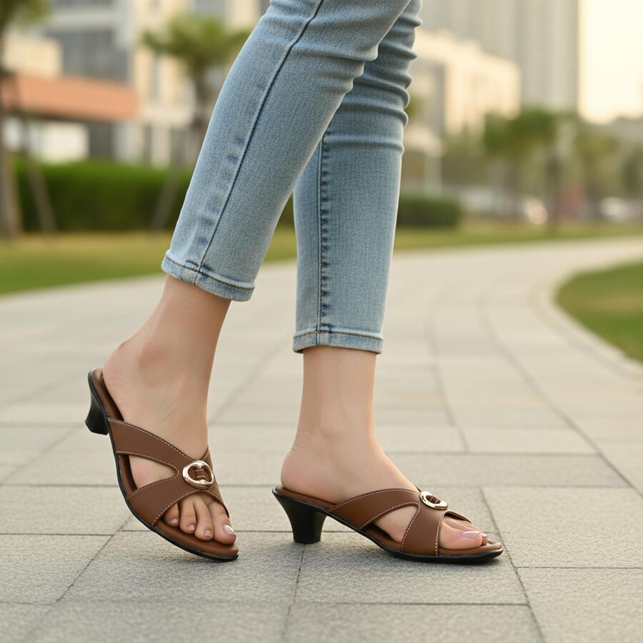 Women's Brown Slip-On Buckle Detail Heeled Sandals, Brown, large