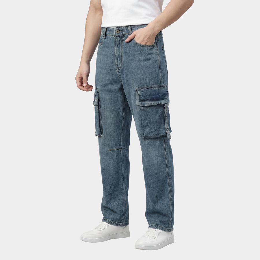 Men's Blue Straight Fit Washed Jeans, मध्यम नीला, large