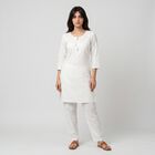 Women's White Keyhole Neck Embroidered Straight Kurta, सफ़ेद, small