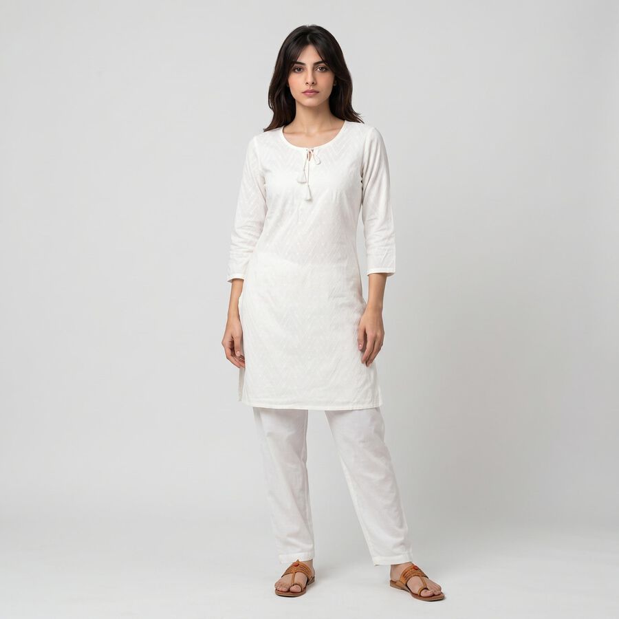 Women's White Keyhole Neck Embroidered Straight Kurta, सफ़ेद, large