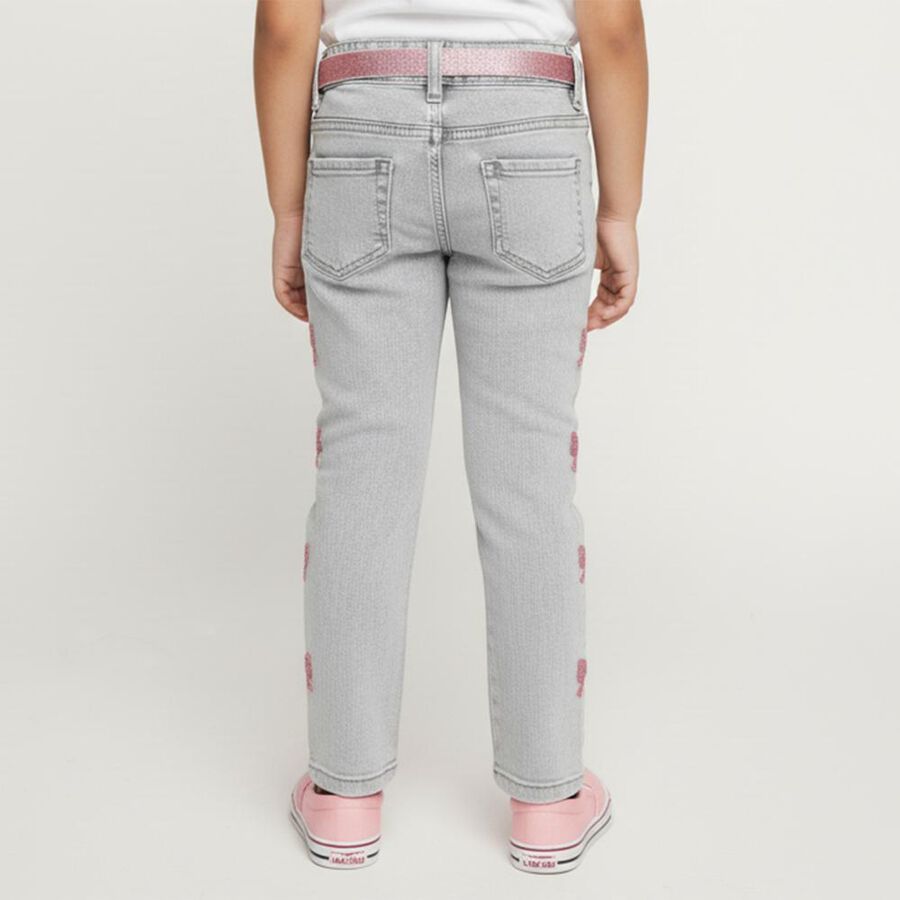 Girls' Washed Grey Slim Fit Embroidered Jeans, हल्का ग्रे, large image number null