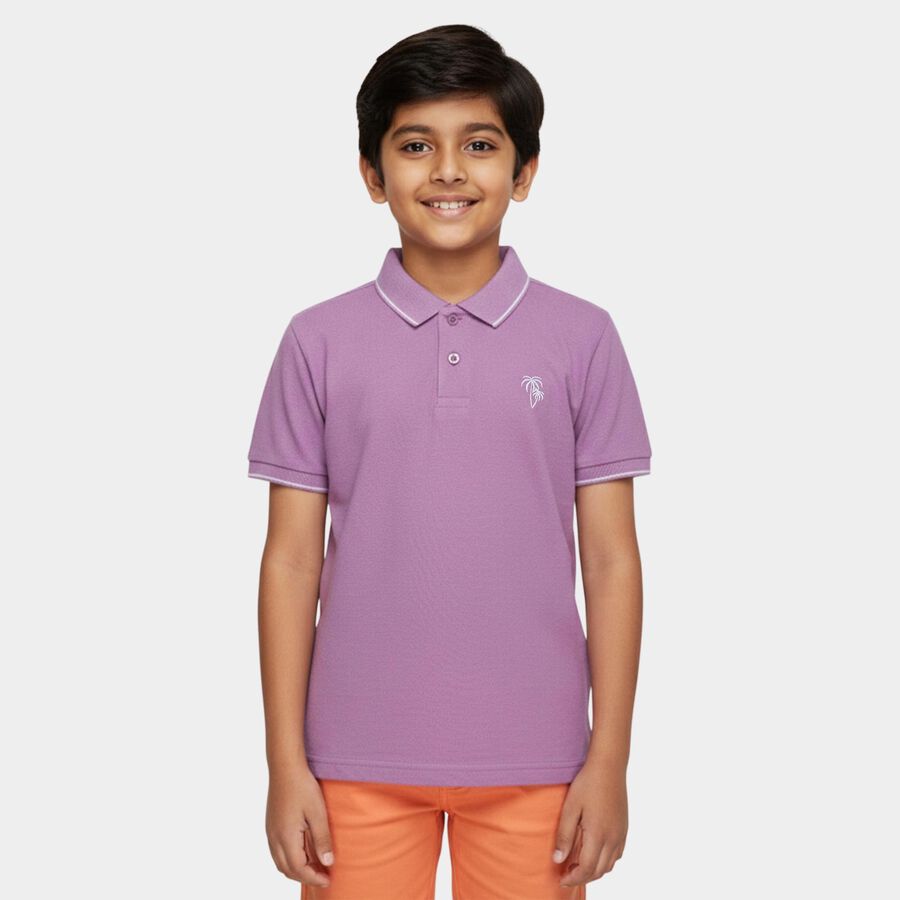 Boys' Lilac Cotton Polo Collar Preppy T-Shirt, लाइलेक, large