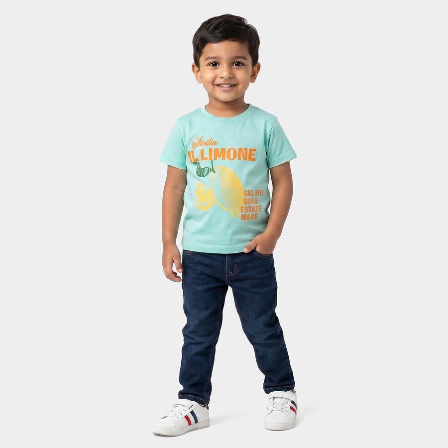 Boys Light Blue Cotton Round Neck Regular Boys T-Shirt, हल्का नीला, large