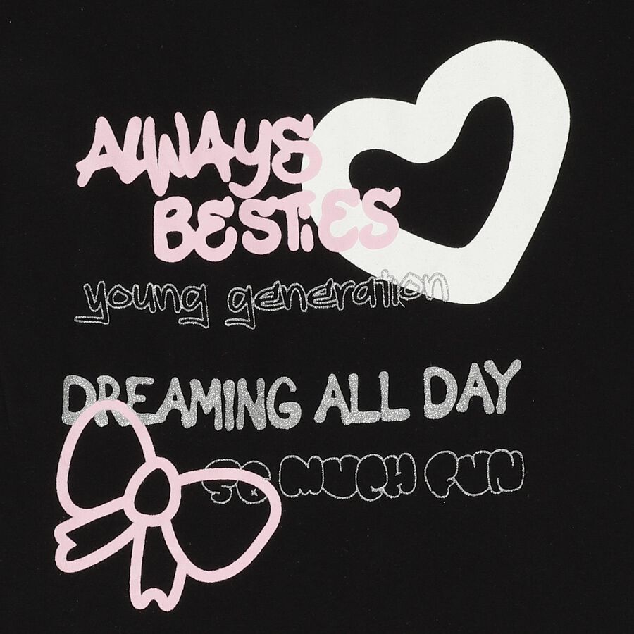 Girls Black Cotton Round Neck Casual T-Shirt, Black, large