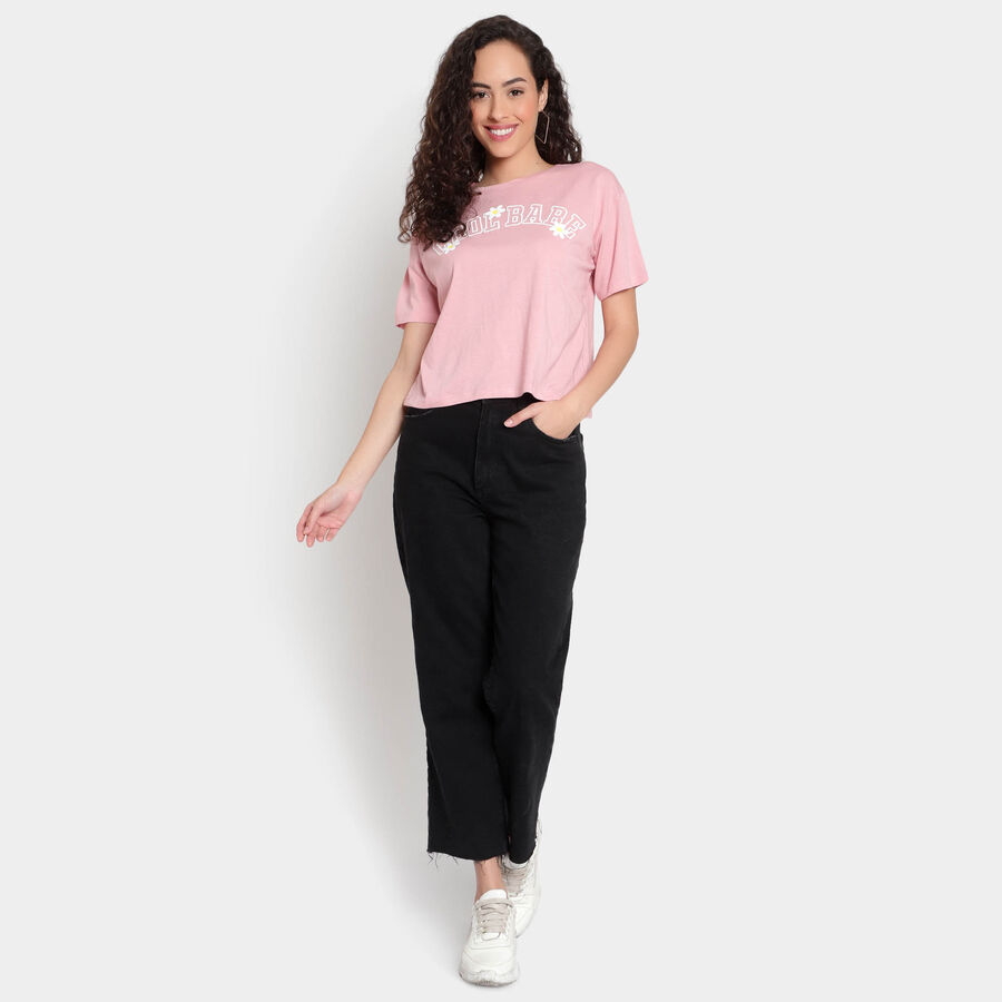 Round Neck Cropped T-Shirt, Pink, large image number null