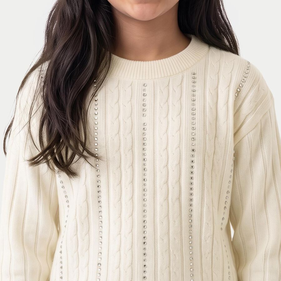 Girls' Cream Crew Neck Knitted Design Pullover, ऑफ व्हाइट, large