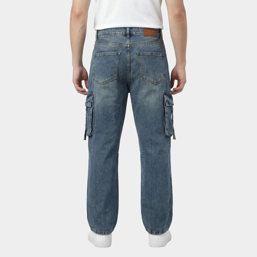 Men's Blue Straight Fit Washed Jeans, मध्यम नीला, large