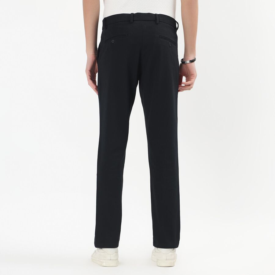 Men's Deep Jet Black Slim Fit Flat-Front Casual Trousers, नेवी ब्लू, large