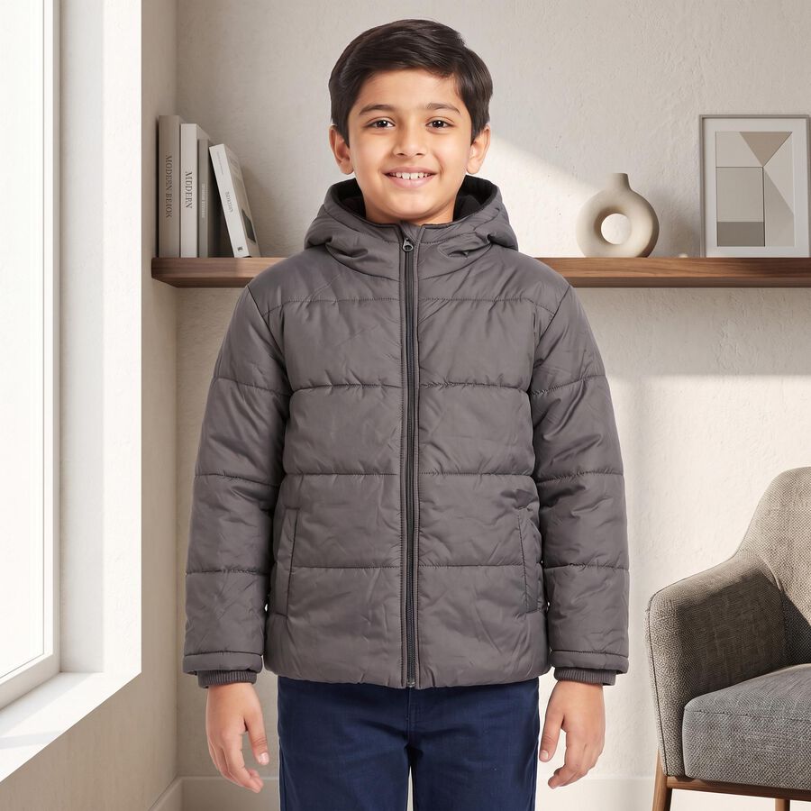 Boys Grey Hooded Puffer Jacket, Charcoal, large