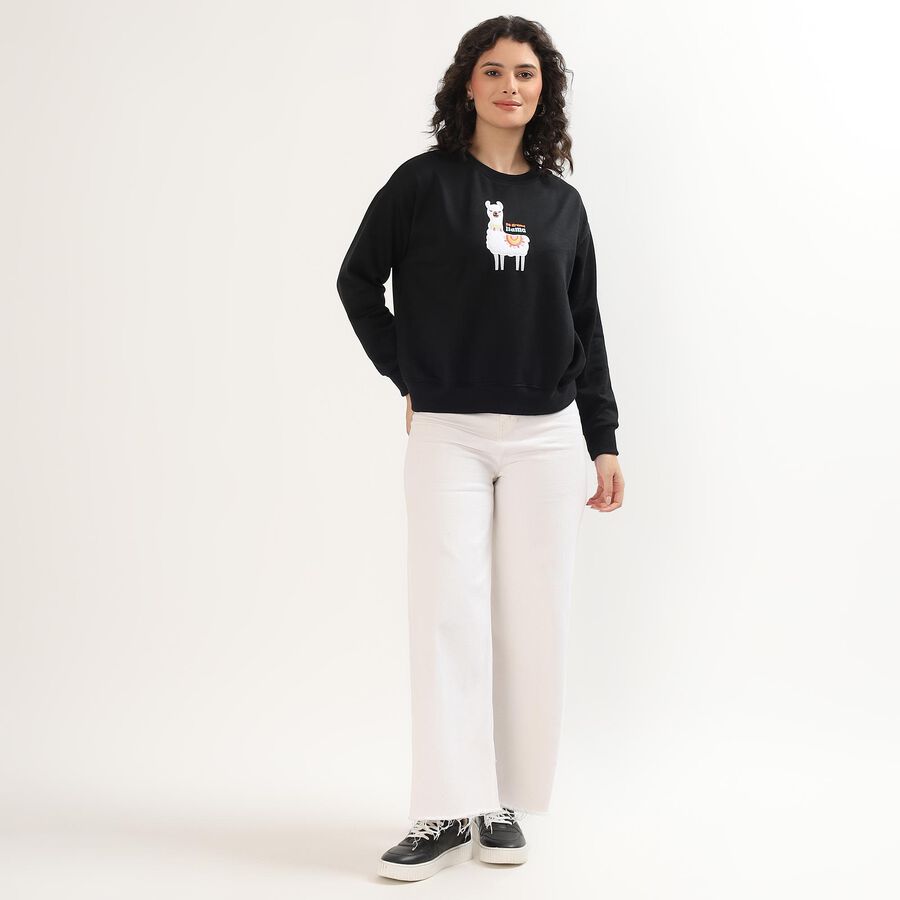 Women's Jet Black Crew Neck Casual Sweatshirt, Black, large image number null