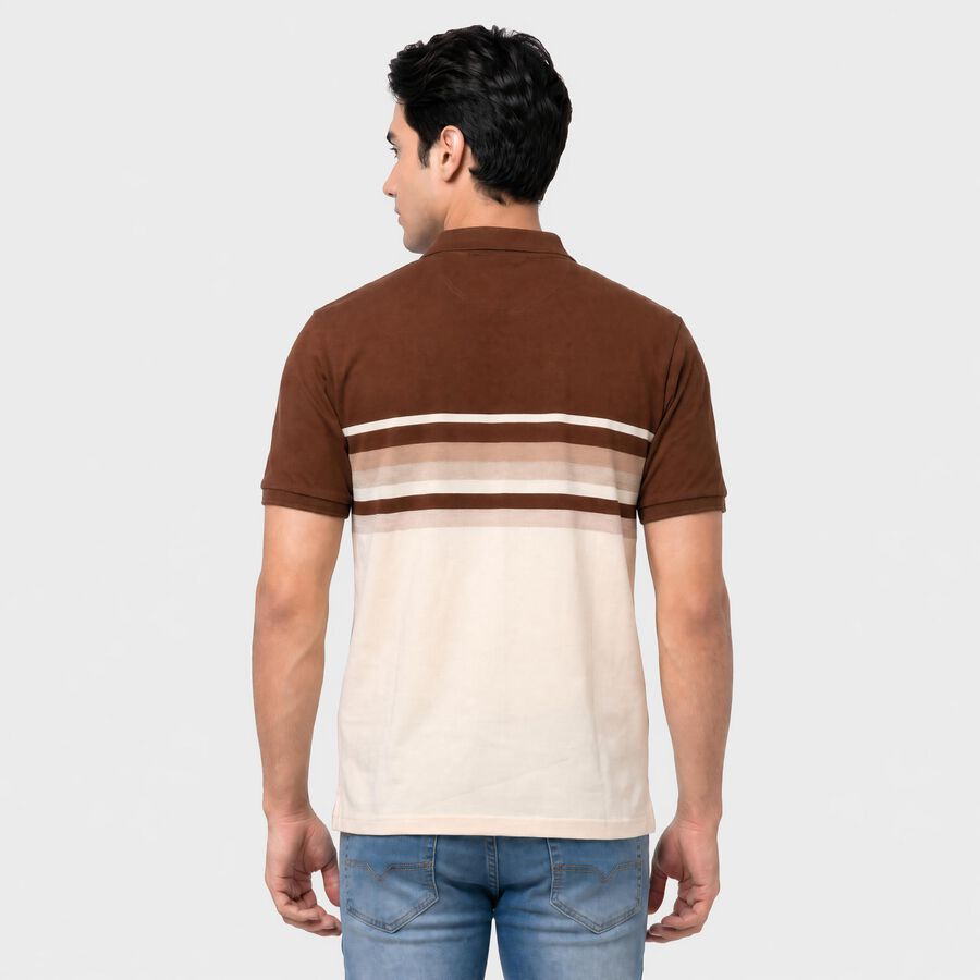 Men's Brown Polo Neck Striped T-Shirt, Brown, large